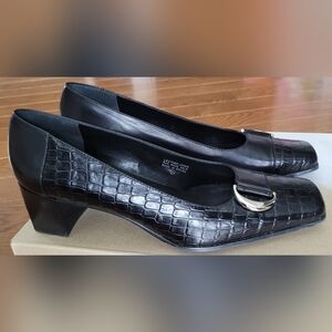 Etienne Aigner Black Smooth And Croc-Patterned 2" Heel Loafer/ Pump. Narrow Fit.